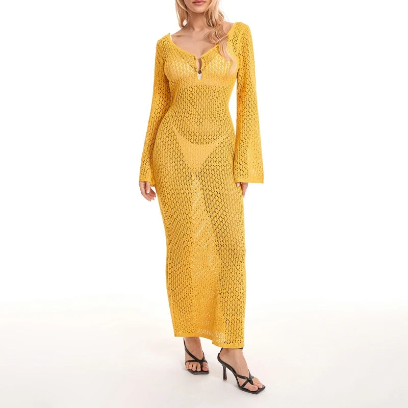 Selena™ Hollow-Out Knit Long Beach Dress – Deep V, Backless & Elegant Bikini Cover-Up