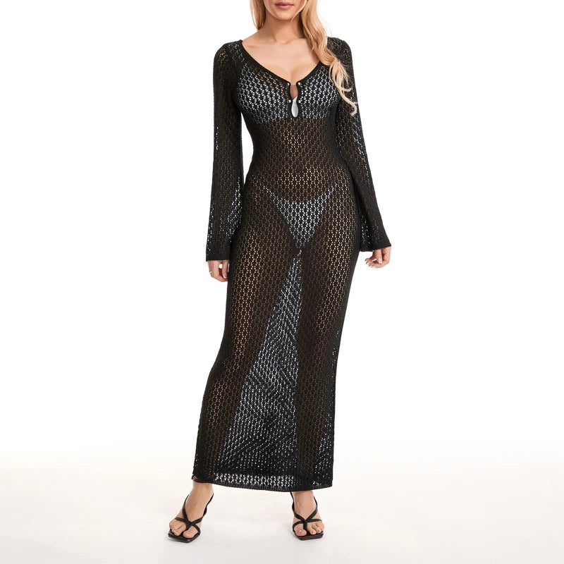 Selena™ Hollow-Out Knit Long Beach Dress – Deep V, Backless & Elegant Bikini Cover-Up