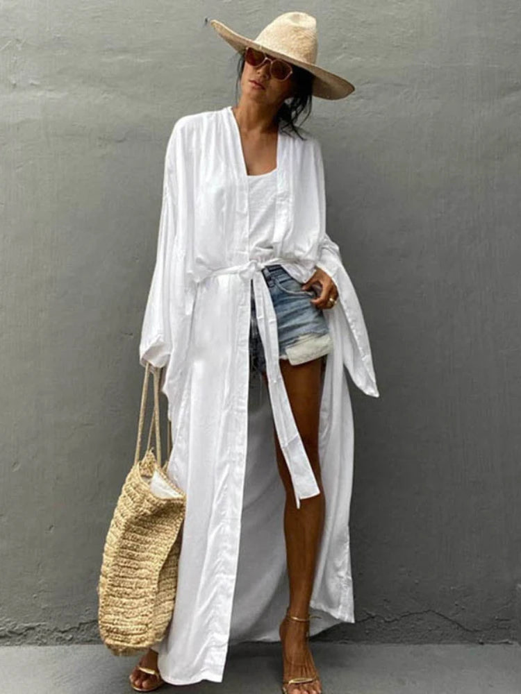 Solara™ Solid Color Self-Belted Beach Cover-Up Kimono Dress