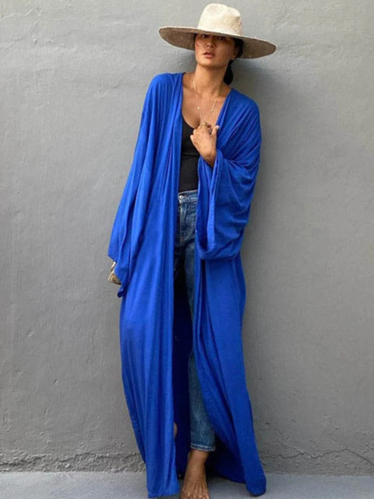 Solara™ Solid Color Self-Belted Beach Cover-Up Kimono Dress