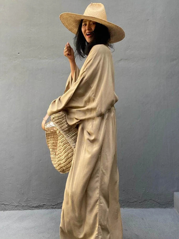 Solara™ Solid Color Self-Belted Beach Cover-Up Kimono Dress