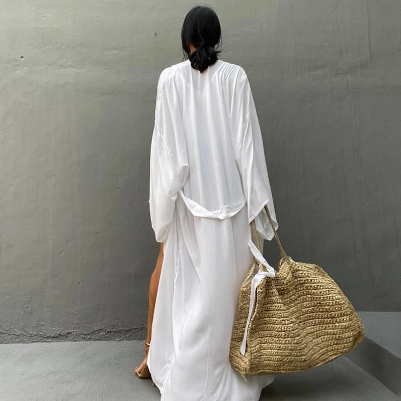 Solara™ Solid Color Self-Belted Beach Cover-Up Kimono Dress