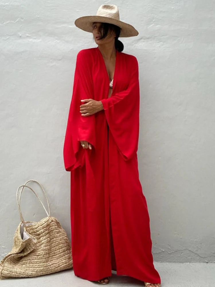 Solara™ Solid Color Self-Belted Beach Cover-Up Kimono Dress
