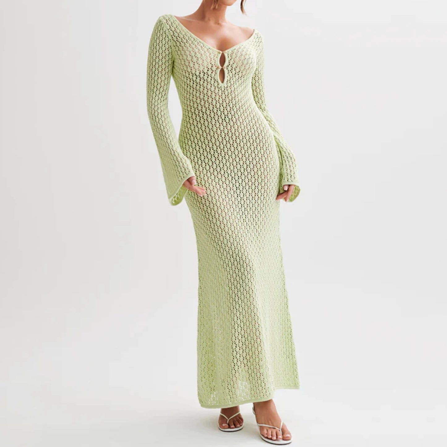 Selena™ Hollow-Out Knit Long Beach Dress – Deep V, Backless & Elegant Bikini Cover-Up