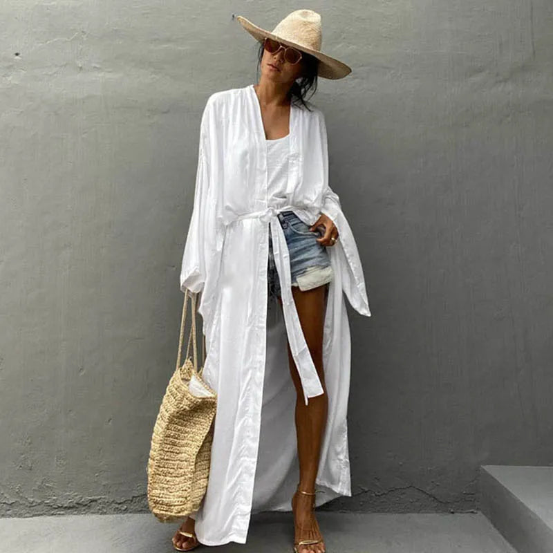 Solara™ Solid Color Self-Belted Beach Cover-Up Kimono Dress