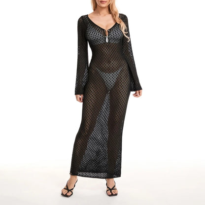 Selena™ Hollow-Out Knit Long Beach Dress – Deep V, Backless & Elegant Bikini Cover-Up
