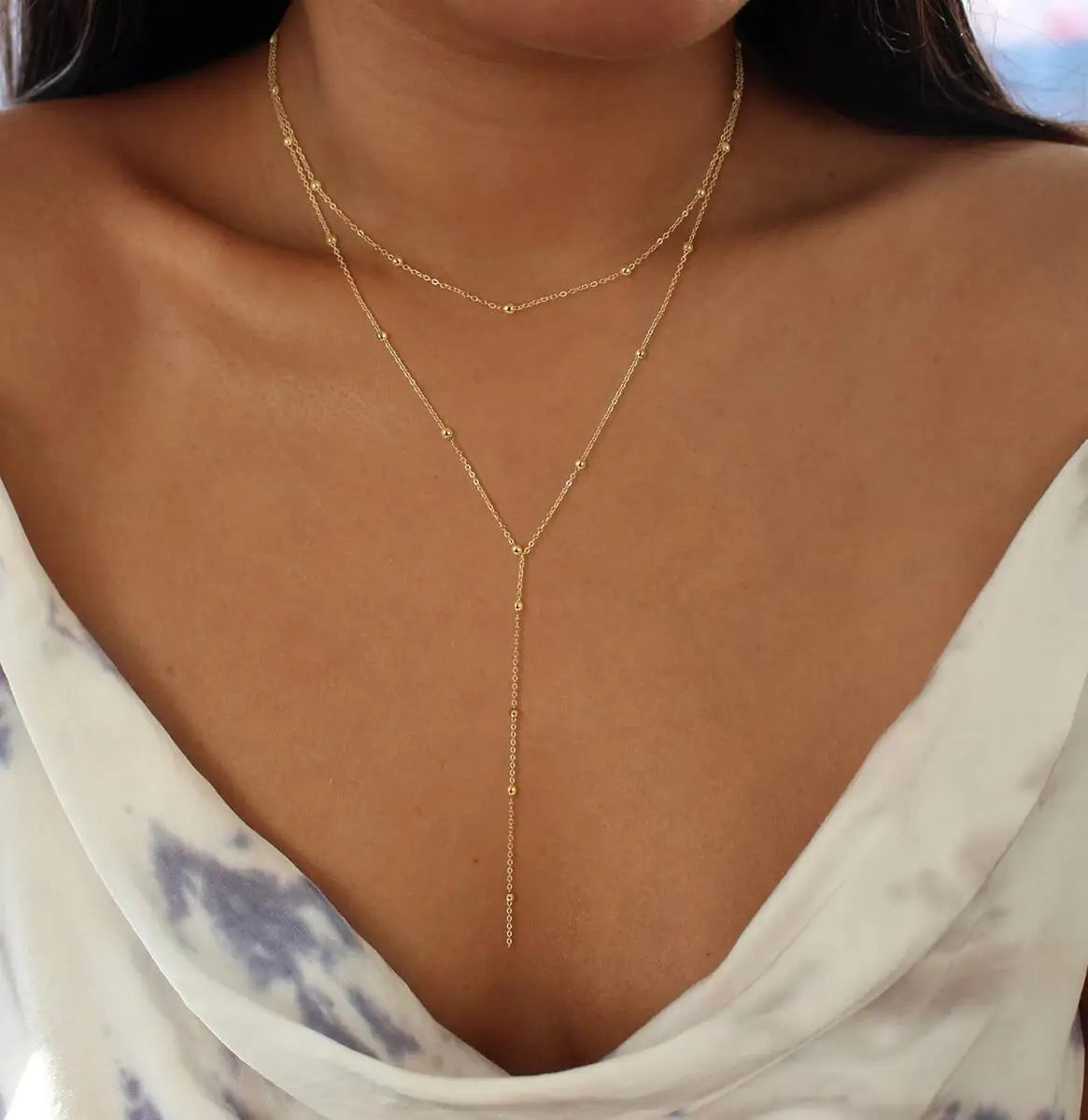 Gold-Plated Lariat Necklace – Elegant Y-Shaped Drop Pendant