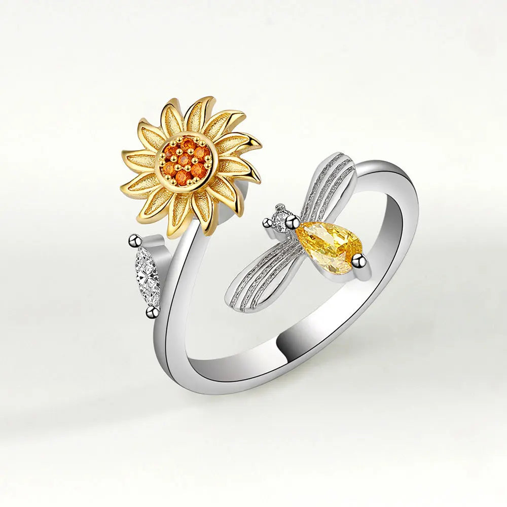 Sparkling Fidget Spinner Ring for Women - Crystal Flower & Butterfly Design, Stress Relief Wedding Jewelry