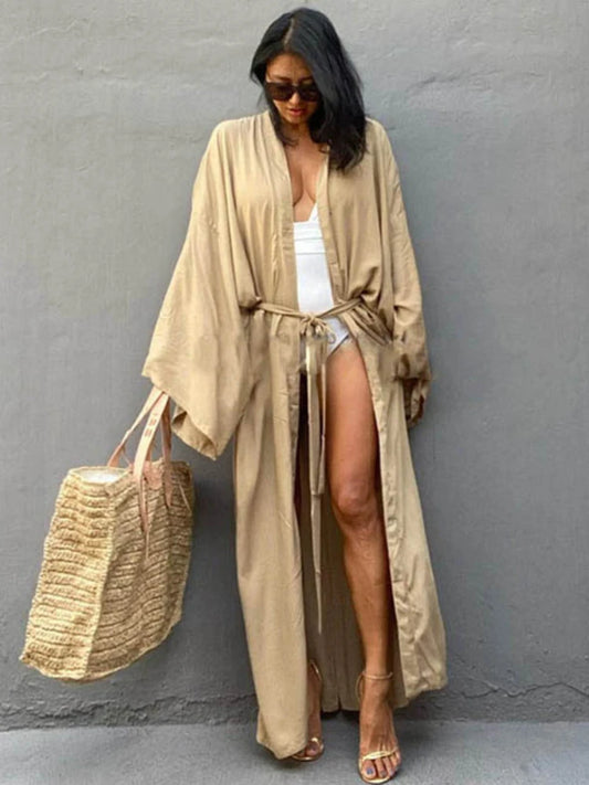 Solara™ Solid Color Self-Belted Beach Cover-Up Kimono Dress 