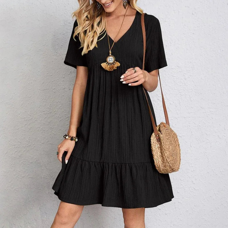 Virela™ 2025 Elegant V-Neck Pleated A-Line Dress – Loose Fit Beachwear for Women