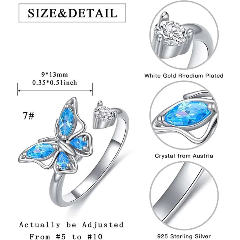 Sparkling Fidget Spinner Ring for Women - Crystal Flower & Butterfly Design, Stress Relief Wedding Jewelry