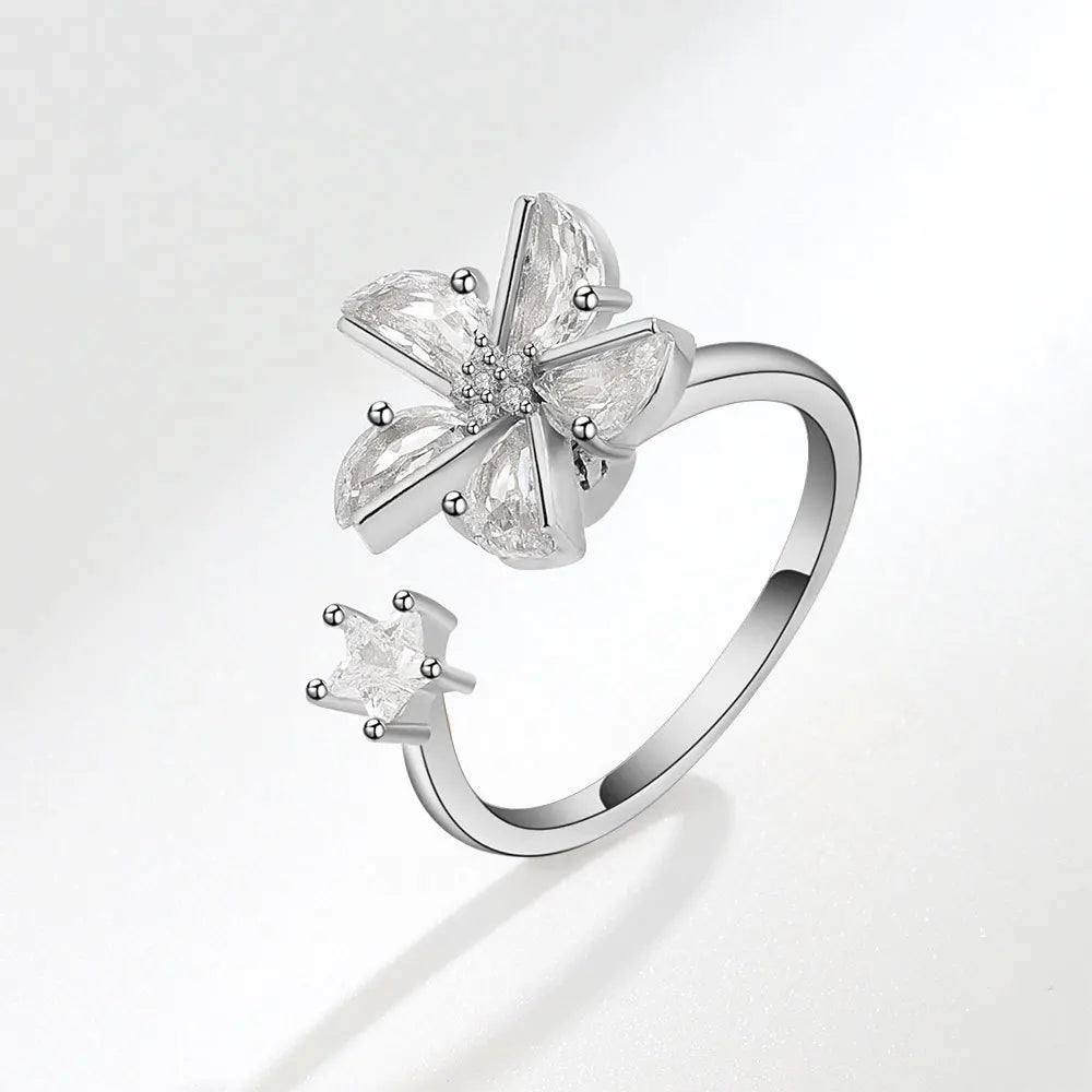Sparkling Fidget Spinner Ring for Women - Crystal Flower & Butterfly Design, Stress Relief Wedding Jewelry