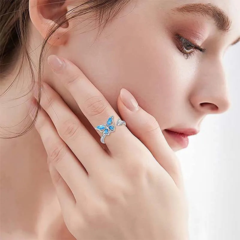 Sparkling Fidget Spinner Ring for Women - Crystal Flower & Butterfly Design, Stress Relief Wedding Jewelry