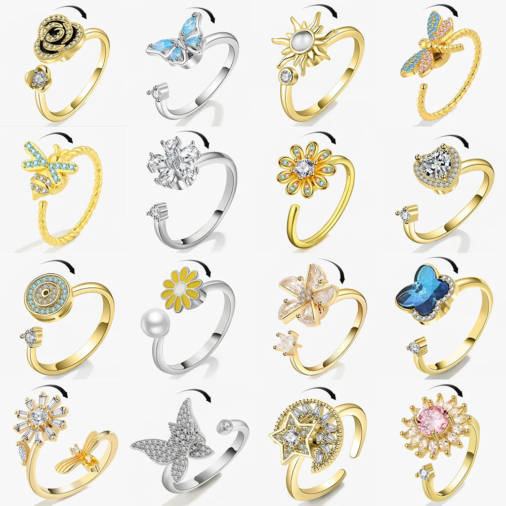 Sparkling Fidget Spinner Ring for Women - Crystal Flower & Butterfly Design, Stress Relief Wedding Jewelry