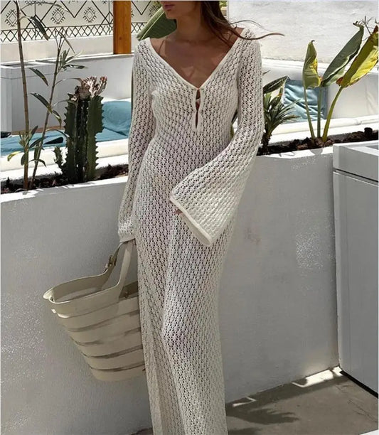 Selena™ Hollow-Out Knit Long Beach Dress – Deep V, Backless & Elegant Bikini Cover-Up