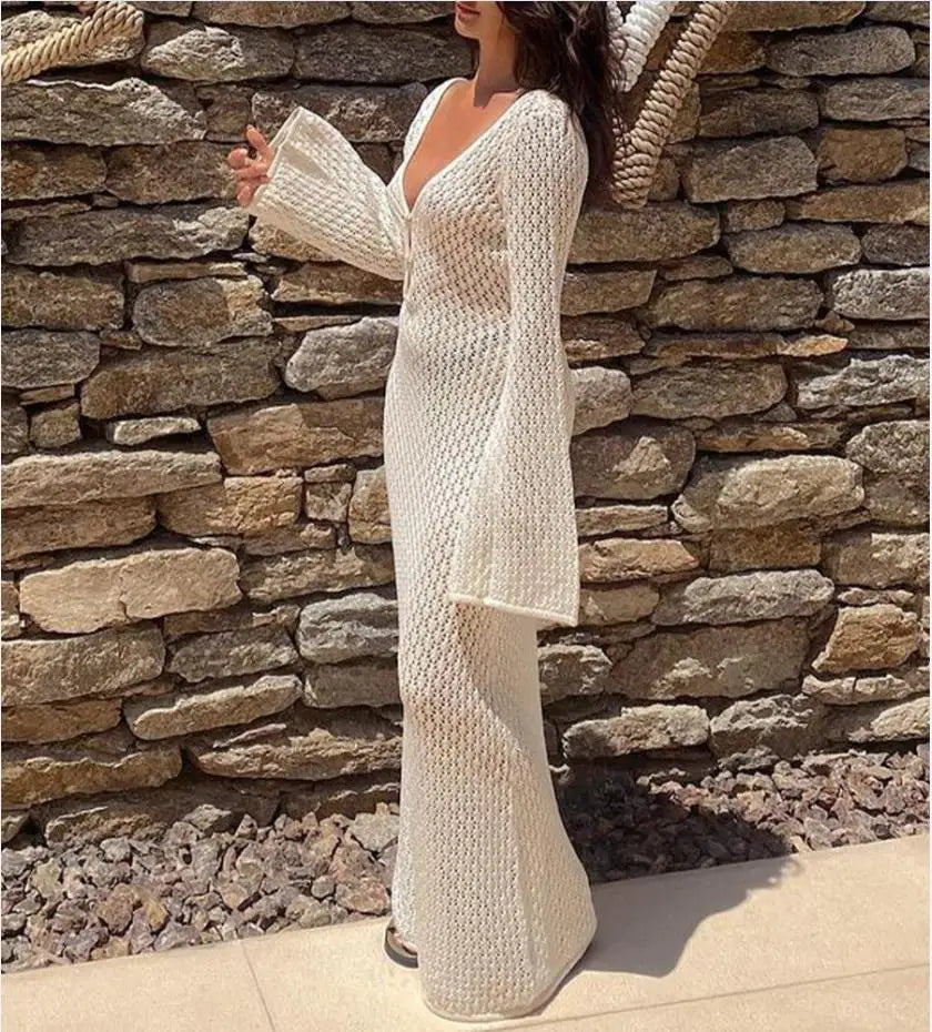 Selena™ Hollow-Out Knit Long Beach Dress – Deep V, Backless & Elegant Bikini Cover-Up