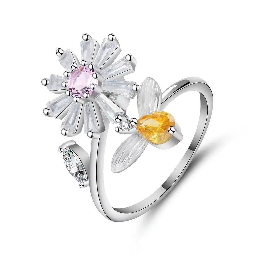 Sparkling Fidget Spinner Ring for Women - Crystal Flower & Butterfly Design, Stress Relief Wedding Jewelry