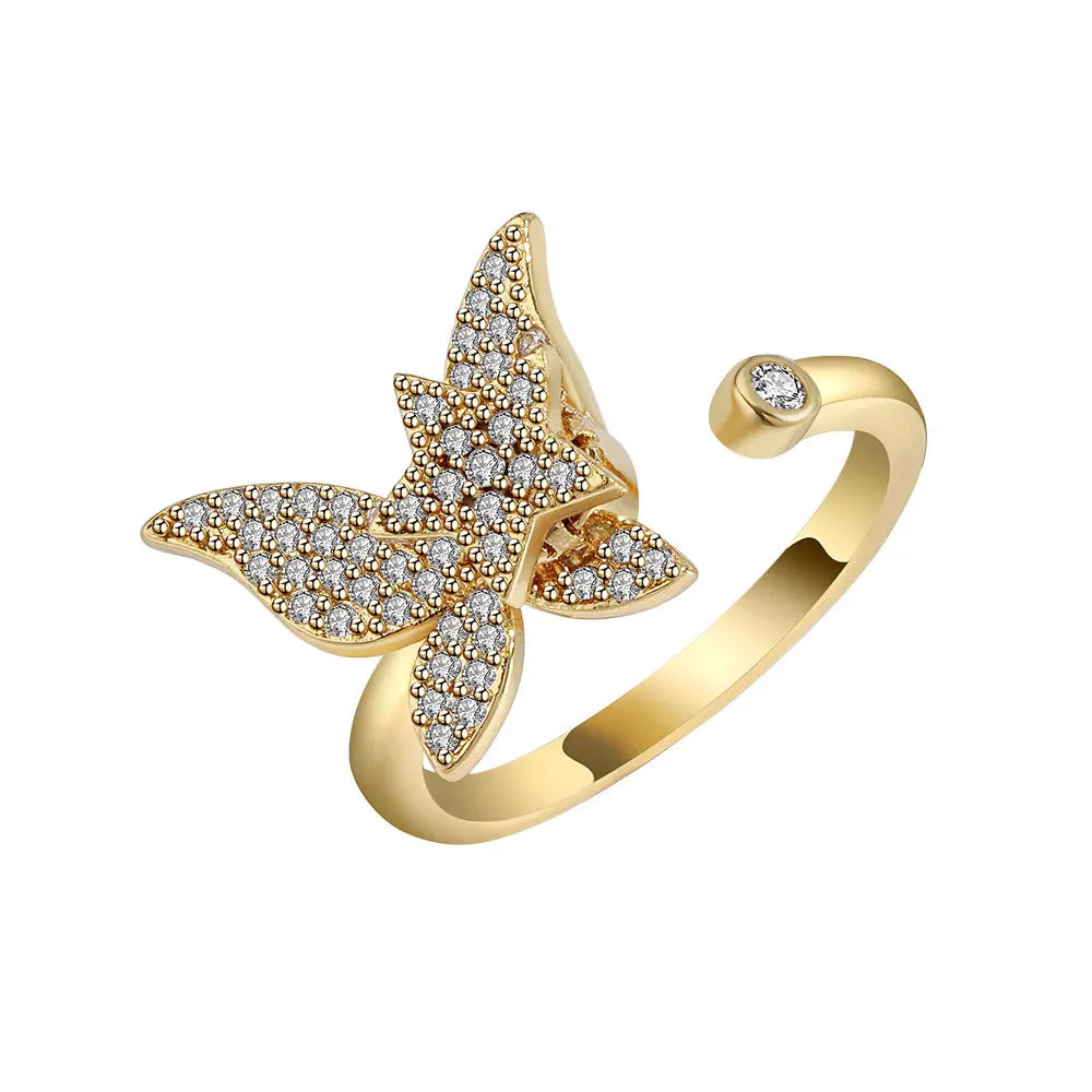 Sparkling Fidget Spinner Ring for Women - Crystal Flower & Butterfly Design, Stress Relief Wedding Jewelry