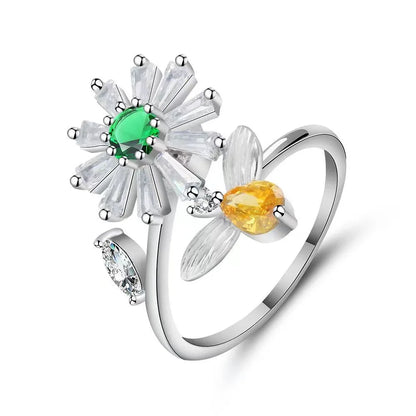 Sparkling Fidget Spinner Ring for Women - Crystal Flower & Butterfly Design, Stress Relief Wedding Jewelry